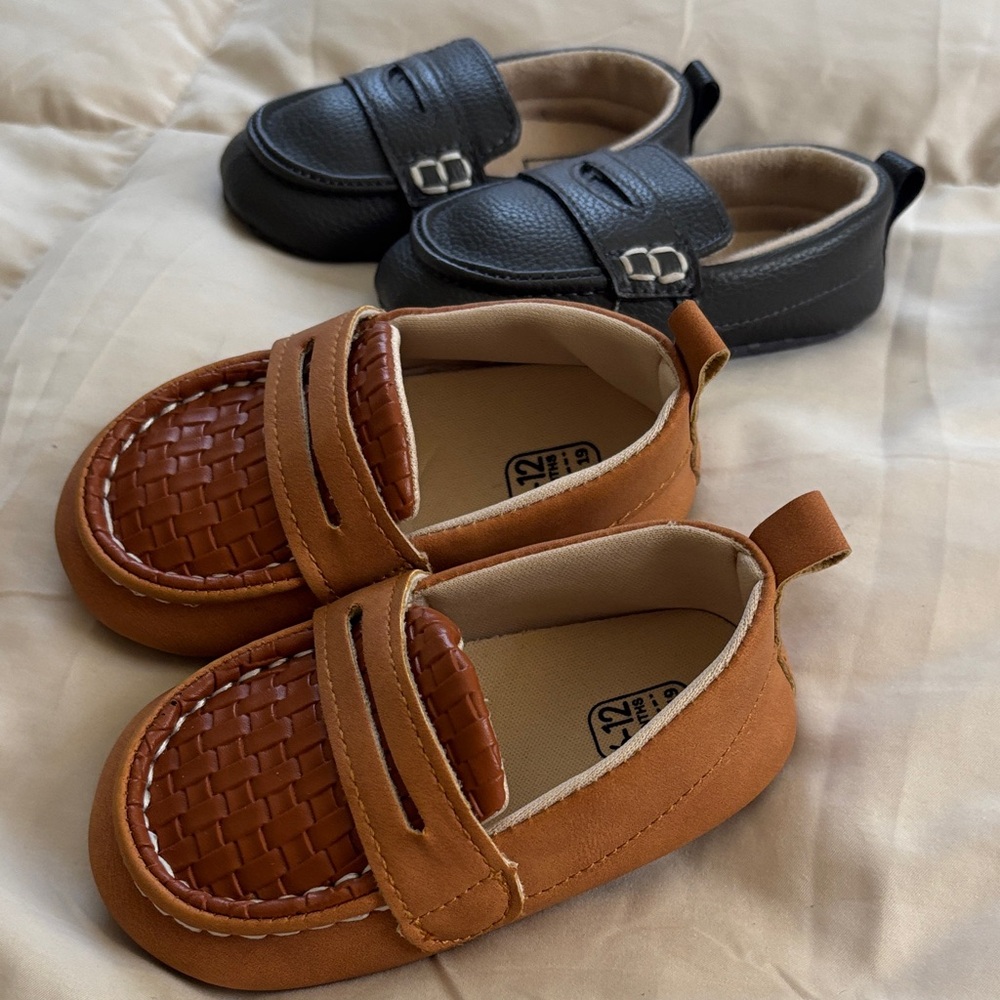 Baby Shoes Cute Penny Loafers Two Pairs Black and Brown Kids Slip Ons Size 6-12M